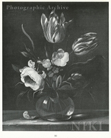 Tulips, Roses, and Other Flowers in a Glass Vase, on a Stone Ledge