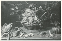 Grapes in a Wicker Basket, with a Partridge, a Hare, Wildfowl, and a Melon on a Wooden Table