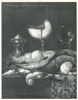 Still Life of a Nautilus Cup, a Rummer, and Salt, with an Orange and a Lemon in a Blue and White Porcelain Dish Resting on a Carpet on a Draped Ledge