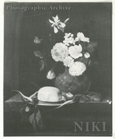 Still Life of Flowers, a Bread Roll and Radishes on a Plate, All on a Stone Ledge