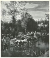 Wooded Landscape with Figures, Cattle and Horse-drawn Carts Crossing a River