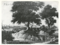Wooded Landscape with Huntsmen in the Foreground and a Village beyond