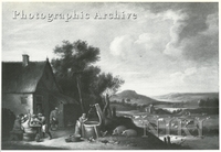 Extensive Landscape with Farmers Carousing outside an Inn with a Woman Drawing Water at a Well