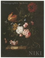 Poppies, Roses, Convolvuli, Carnations and Other Flowers in a Glass Vase on a Draped Ledge