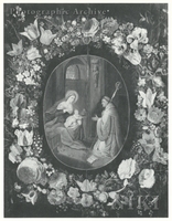 Madonna and Child with Saint Bernard in a Church Interior, Surrounded by a Garland of Flowers