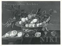 Still Life of Branches of Plums and Grapes in a Porcelain Bowl, with Lemon, a Plum, a Pomegranate and Grapes on a Table