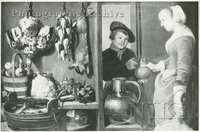 Kitchen Interior with Foodstuffs in Foreground and Two Figures