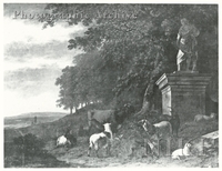 Bull, Goats and a Sheep in an Extensive Wooded Landscape