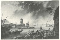 Coastal Landscape with Boats, Figures and a Tower