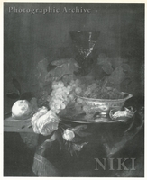 Bowl of Raspberries, a Pewter Dish with Shellfish, a Glass of Wine, Grapes, a Lemon and Roses on a Draped Table