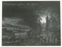 Riverscape with Town with Burning Buildings and Numerous Figures in the Foreground