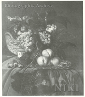 Still Life with a Basket of Grapes and Peaches on a Silver Plate on a Draped Table