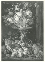 Bowl of Roses, Tulips, Peonies and Other Flowers on a Table with a Sculptured Pedestal at the Foot of which Are Grapes and Peaches and Other Fruit and a Blue and White Bowl