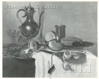 Still Life of a Pewter Winepot, an Overturned Nautilus Cup, a Fluteglass, a Pewter Salt Cellar, a Pie on a Pewter Dish, Olives, a Cut Lemon and a Watch on Pewter Plates, all Resting on a Table Partially Covered by a White Cloth