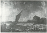 Coastal Landscape with a Sailing Vessel in a Stormy Sea and Fishermen on the Rocks in the foreground