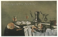 Still Life of Oysters, a Loaf of Bread and a Peeled Lemon on a Draped Table