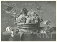Basket of Peaches, Plums and Grapes, with a Lemon, Plums and Grape on a Table