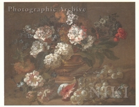 Carnations and Other Flowers in a Bronze Urn with a Fig and Grapes