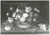 Stll Life of Tulips, Roses and Other Flowers in a Basket on a Ledge
