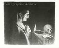 Old Woman Telling Beads by Lamplight with Skull and Book