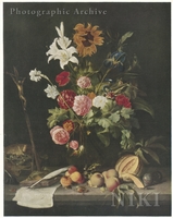 Flowers in a Vase with Fruit and a Crucifix on a Ledge