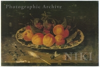 Still Life of Apricots and Plums in a Blue and White Chinese Dish with Flowers on a Table
