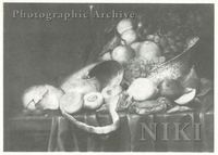 Still Life of Peaches and Grapes in a Porcelain Bowl with a Nautilus Shell, a Crab, Lemons and Other Fruit on a Draped Table