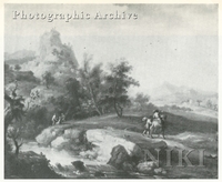 Mounted Figure and a Traveller in a Wooded Landscape and Other Figures Conversing beside a Stream