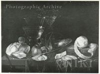 Fruit in a Delft Bowl, Bread, Oysters, a Peeled Lemon, a Rummer and a Wineglass on a Draped Table