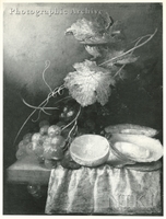 Grapes with Vine Leaves, a Cut Lemon and Oysters on a Table Partly Covered by a Pink Cloth