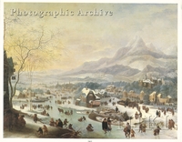 Extensive River Landscape with Numerous Figures Skating outside a Town