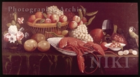 Still Life with a Lobster on a Plate, Fruit in a Basket, Strawberries in a Bowl, a Glass of Wine, Flowers in a Vase and a Parrot on a Draped Table