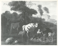Wooded River Landscape with Peasants, Cattle and Sheep by an Urn