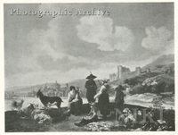 Hilly River Landscape with a Shepherd and His Family in the Foreground, a Town in the Distance