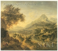Extensive Mountainous River Landscape with Peasants Merrymaking outside an Inn, Ships, a Walled Town and a Castle beyond