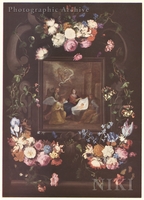 Adoration of the Christ Child by Mary, Joseph and Angels in a Cartouche Decorated with Flowers
