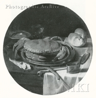 Still Life of a Crab, a Rummer, a Loaf of Bread and Other Objects on a Table Partly Covered by a White Cloth