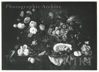 Flowers in a Glass Vase, a Basket of Fruit, a Dish of Peaches and Ham on a Draped Ledge
