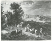 Extensive Wooded Landscape with Travellers by an Inn