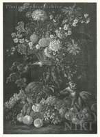 Carnations, Marigolds and Other Flowers in a Basket on a Stone Block with a Bas-relief, a Heap of Grapes, Peaches and Apples below, and a Monkey