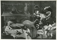 Still Life of a Dead Deer, a Lobster on a Dish, Fruit in a Basket and Game Birds on a Draped Table, a Boar's Head on a Platter, with Dogs and a Parrot