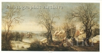 Extensive Wooded Landscape in Winter with Skaters on a Frozen Waterway and a Pilgrim at a Shrine, Cottages and a Manor House beyond