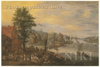 Extensive River Landscape with Fishermen Selling Their Catch at a Village Landindg Stage, Ferries and Other Shipping Nearby