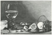 Still Life of Bread, Olives, a Glass of Wine and a Peeled Lemon on a Pewter Plate