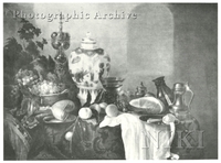 Still Life of Fruit, Meat, a Nautilus Cup and Other Objects on a Draped Table