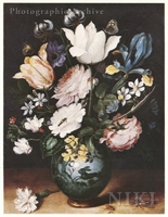 Still Life of Roses, Tulips, Lilies and Narcisses in a Blue and White Delft Vase with a Gold Mount Decorated with a Hare Running under the Branches of a Tree