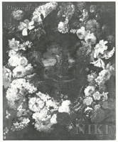 Garland of Roses, Tulips, Lilies and Other Flowers Surrounding an Urn on a Terrace
