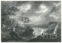 River Landscape by Moonlight with Gipsies Round a Camp Fire near a Village