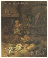 Peasant Woman Peeling Vegetables in a Kitchen