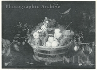 Basket of Grapes, Plums and Peaches, with Cherries on a Table